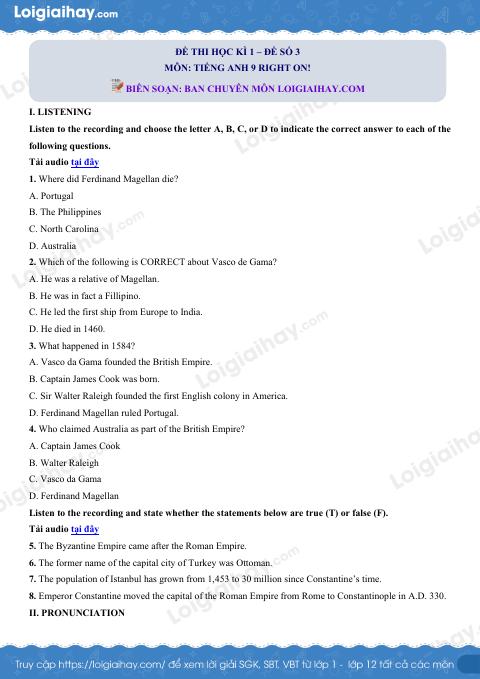 Đề thi học kì 1 Tiếng Anh 9 Right on! - Đề số 3